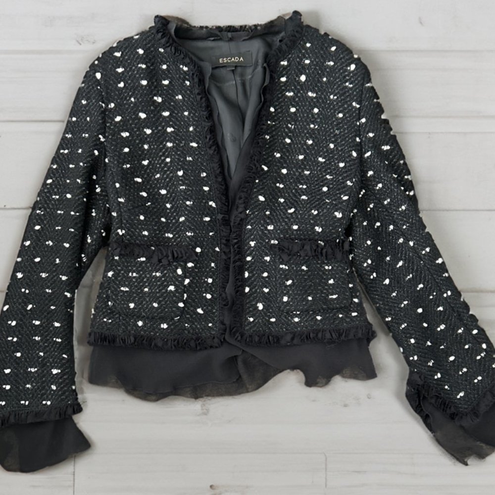 Impeccable Vintage Escada Skirt and Tweed Jacket Set Black with White Accents - Picture 5 of 11